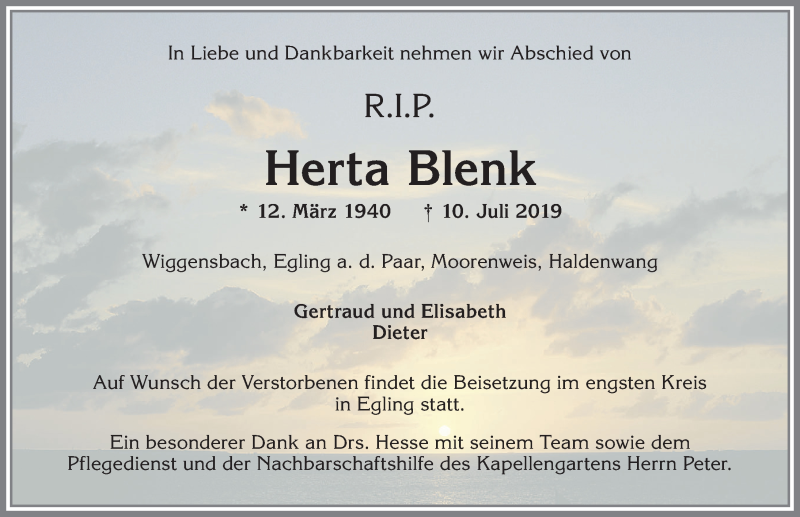  Traueranzeige für Herta Blenk vom 27.07.2019 aus Allgäuer Zeitung,Kempten