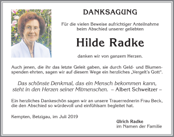 Traueranzeige von Hilde Radke von Allgäuer Zeitung,Kempten