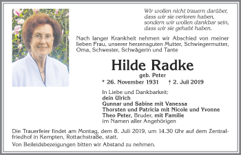 Traueranzeige von Hilde Radke von Allgäuer Zeitung,Kempten