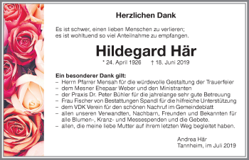 Traueranzeige von Hildegard Här von Memminger Zeitung