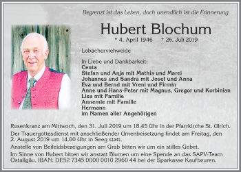 Traueranzeige von Hubert Blochum von Allgäuer Zeitung, Füssen