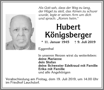 Traueranzeige von Hubert Königsberger von Allgäuer Zeitung, Kaufbeuren/Buchloe