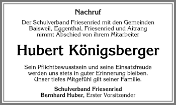 Traueranzeige von Hubert Königsberger von Allgäuer Zeitung