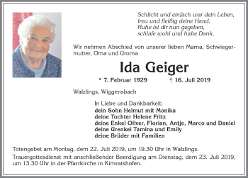 Traueranzeige von Ida Geiger von Allgäuer Zeitung,Kempten