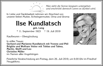 Traueranzeige von Ilse Kundlatsch von Allgäuer Zeitung, Kaufbeuren/Buchloe