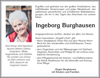 Traueranzeige von Ingeborg Burghausen von Allgäuer Zeitung, Marktoberdorf