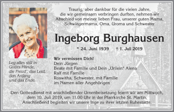 Traueranzeige von Ingeborg Burghausen von Allgäuer Zeitung, Marktoberdorf