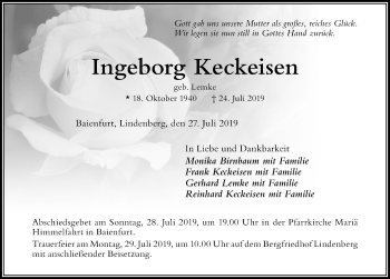 Traueranzeige von Ingeborg Keckeisen von Der Westallgäuer
