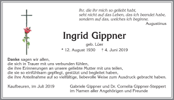 Traueranzeige von Ingrid Gippner von Allgäuer Zeitung, Kaufbeuren/Buchloe