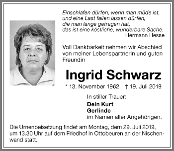 Traueranzeige von Ingrid sCHWARZ von Memminger Zeitung