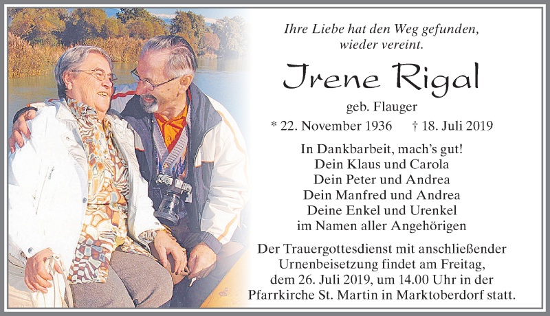  Traueranzeige für Irene Rigal vom 24.07.2019 aus Allgäuer Zeitung, Marktoberdorf