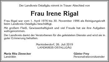 Traueranzeige von Irene Rigal von Allgäuer Zeitung, Marktoberdorf