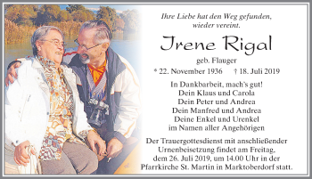 Traueranzeige von Irene Rigal von Allgäuer Zeitung, Marktoberdorf
