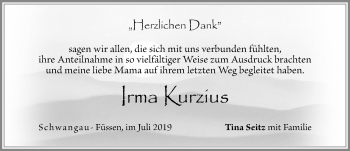 Traueranzeige von Irma Kurzius von Allgäuer Zeitung, Füssen