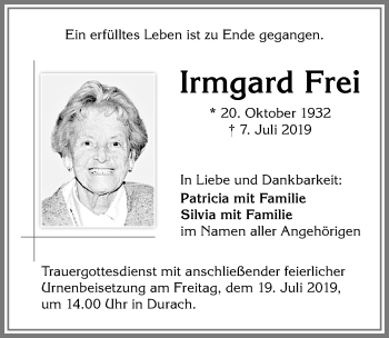 Traueranzeige von Irmgard Frei von Allgäuer Zeitung,Kempten
