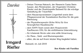 Traueranzeige von Irmgard Riefler von Allgäuer Zeitung, Kaufbeuren/Buchloe