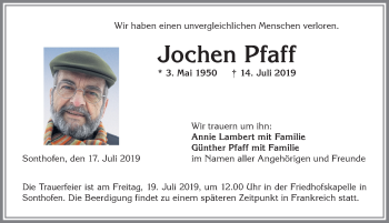 Traueranzeige von Jochen Pfaff von Allgäuer Anzeigeblatt