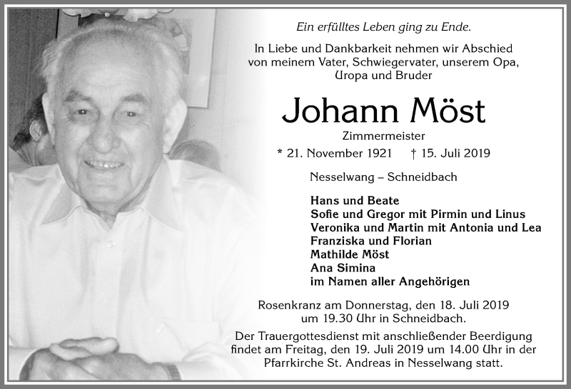  Traueranzeige für Johann Möst vom 17.07.2019 aus Allgäuer Zeitung, Füssen