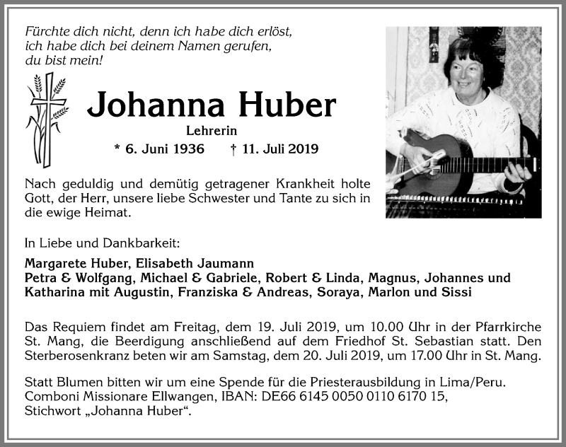  Traueranzeige für Johanna Huber vom 17.07.2019 aus Allgäuer Zeitung, Füssen