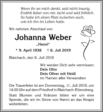 Traueranzeige von Johanna Weber von Allgäuer Anzeigeblatt