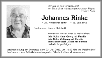 Traueranzeige von Johannes Rinke von Allgäuer Zeitung, Kaufbeuren/Buchloe
