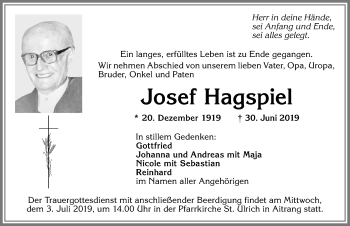 Traueranzeige von Josef Hagspiel von Allgäuer Zeitung, Marktoberdorf