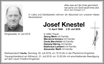 Traueranzeige von Josef Knestel von Allgäuer Zeitung