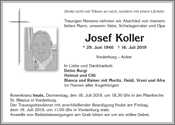 Traueranzeige von Josef Koller von Allgäuer Anzeigeblatt