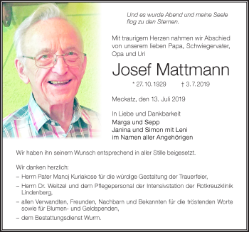 Traueranzeige von Josef Mattmann von Der Westallgäuer