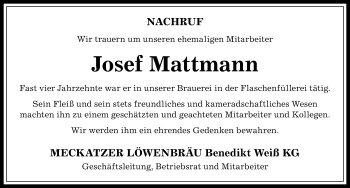 Traueranzeige von Josef Mattmann von Der Westallgäuer