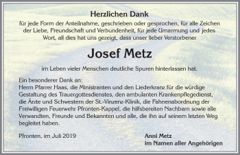 Traueranzeige von Josef Metz von Allgäuer Zeitung, Füssen