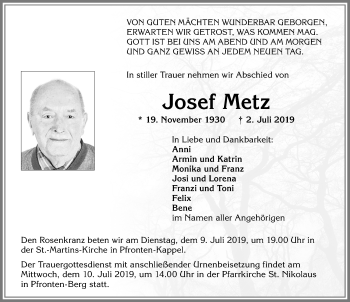 Traueranzeige von Josef Metz von Allgäuer Zeitung, Füssen