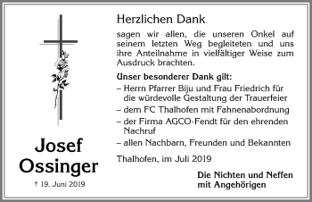 Traueranzeige von Josef Ossinger von Allgäuer Zeitung, Marktoberdorf