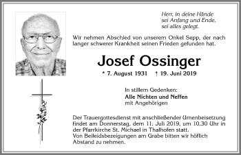 Traueranzeige von Josef Ossinger von Allgäuer Zeitung, Marktoberdorf