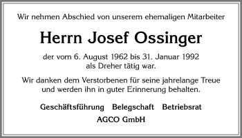 Traueranzeige von Josef Ossinger von Allgäuer Zeitung, Marktoberdorf