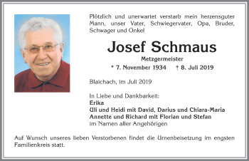 Traueranzeige von Josef Schmaus von Allgäuer Anzeigeblatt
