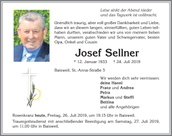 Traueranzeige von Josef Sellner von Allgäuer Zeitung, Kaufbeuren/Buchloe