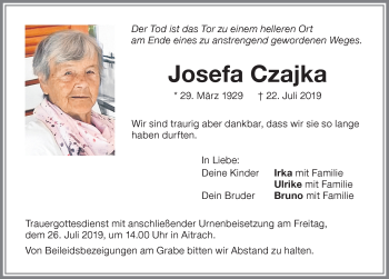 Traueranzeige von Josefa Czajka von Memminger Zeitung