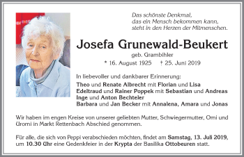 Traueranzeige von Josefa Grunewald-Beukert von Memminger Zeitung