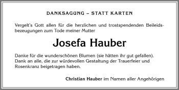 Traueranzeige von Josefa Hauber von Allgäuer Anzeigeblatt