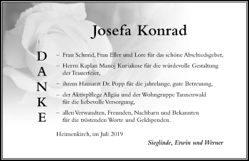 Traueranzeige von Josefa Konrad von Der Westallgäuer