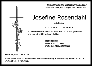 Traueranzeige von Josefine Rosendahl von Allgäuer Zeitung,Kempten