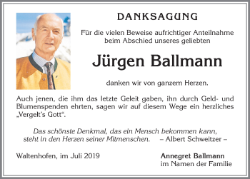 Traueranzeige von Jürgen Ballmann von Allgäuer Zeitung,Kempten