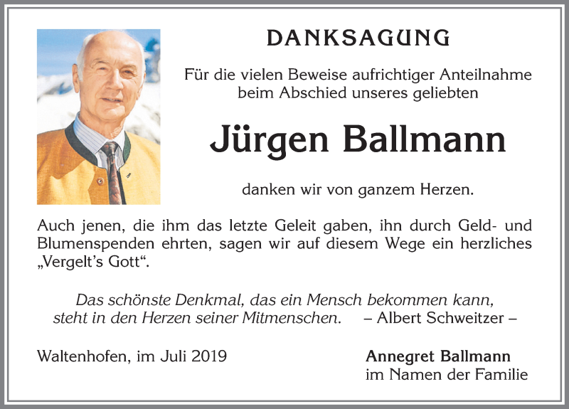  Traueranzeige für Jürgen Ballmann vom 08.07.2019 aus Allgäuer Zeitung,Kempten