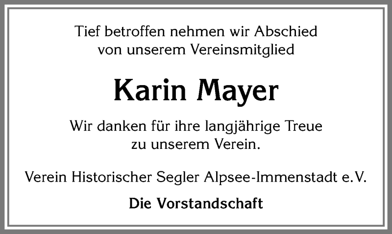  Traueranzeige für Karin Mayer vom 20.07.2019 aus Allgäuer Anzeigeblatt