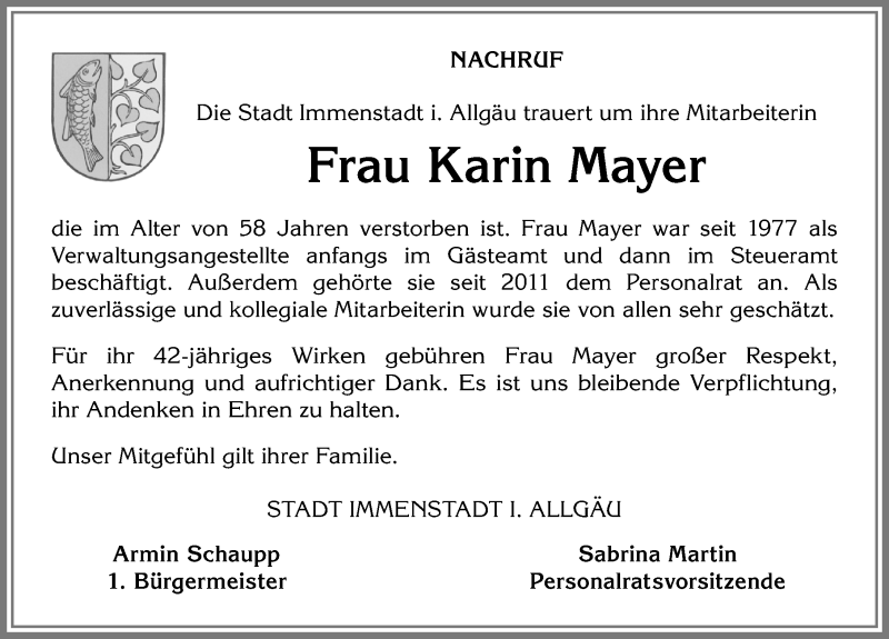  Traueranzeige für Karin Mayer vom 19.07.2019 aus Allgäuer Anzeigeblatt