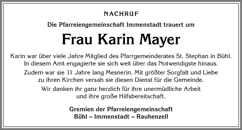  Traueranzeige für Karin Mayer vom 19.07.2019 aus Allgäuer Anzeigeblatt