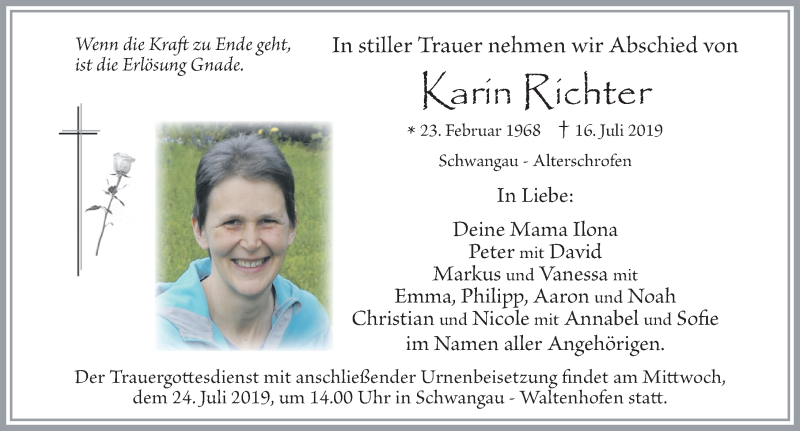  Traueranzeige für Karin Richter vom 20.07.2019 aus Allgäuer Zeitung, Füssen
