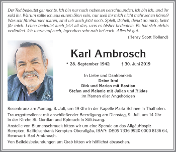 Traueranzeige von Karl Ambrosch von Allgäuer Zeitung, Kaufbeuren/Buchloe