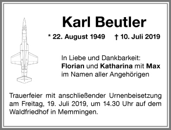 Traueranzeige von Karl Beutler von Memminger Zeitung
